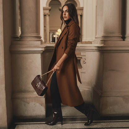 Płaszcz Jasnobrązowy z Wełną Dwurzędowy Damski Mistelle