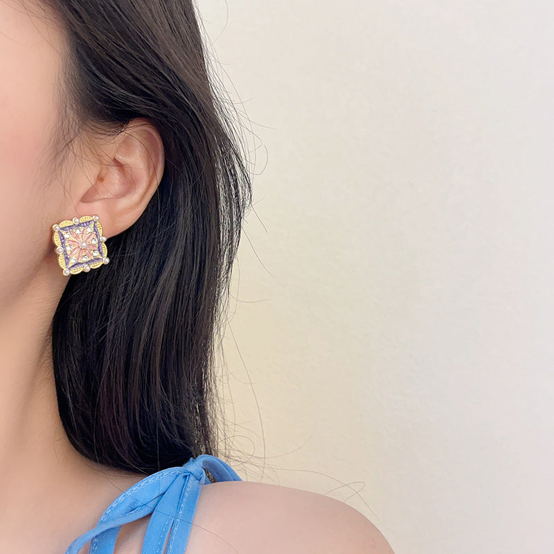 Vintage dworca emaile kwadratowe paznokcie do uszu / klampy do uszu