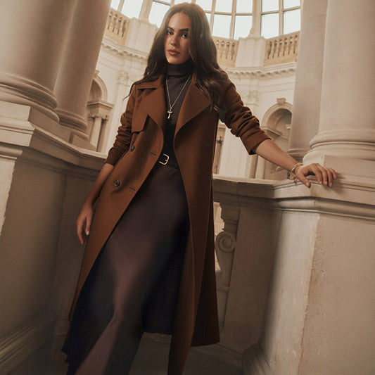 Płaszcz Jasnobrązowy z Wełną Dwurzędowy Damski Mistelle