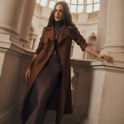 Płaszcz Jasnobrązowy z Wełną Dwurzędowy Damski Mistelle